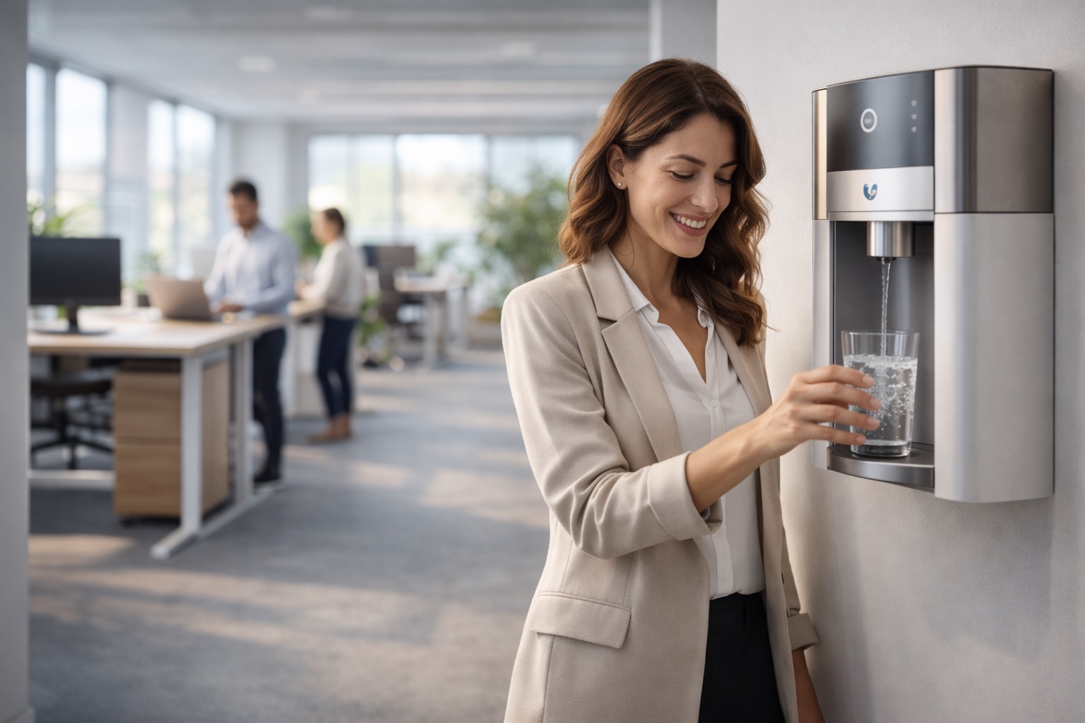 Mujer llenando un vaso en oficina moderna