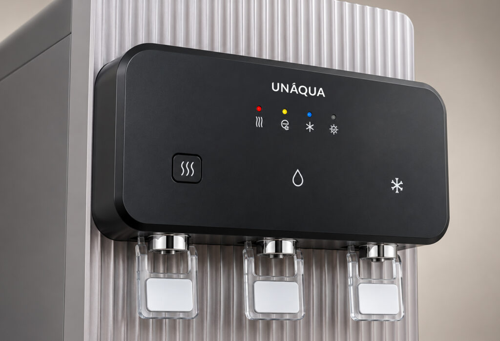 Detalle frontal de Fuente de agua diseño elite UNAQUA AURA perfecta para centros de belleza