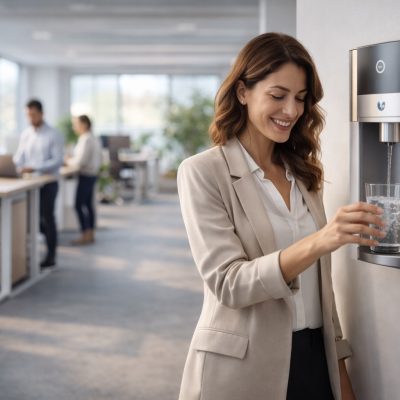 Mujer llenando un vaso en oficina moderna